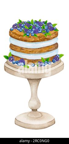 Gâteau sur un stand décoré de mûre, myrtille et menthe. Clipart de vacances aquarelle pour la conception de cartes postales, cartes de voeux, invitations, menus, Banque D'Images