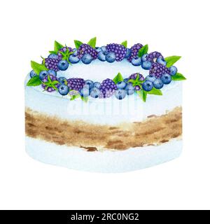 Gâteau décoré de mûre, myrtille et menthe. Clipart de vacances aquarelle pour la conception de cartes postales, cartes de voeux, invitations, menus, logos, fab Banque D'Images