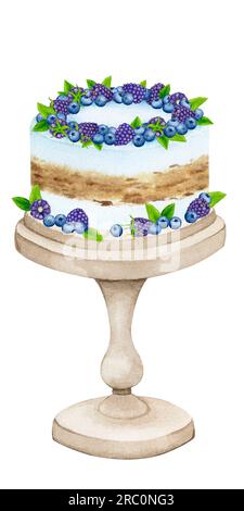 Gâteau sur un stand décoré de mûre, myrtille et menthe. Clipart de vacances aquarelle pour la conception de cartes postales, cartes de voeux, invitations, menus, Banque D'Images