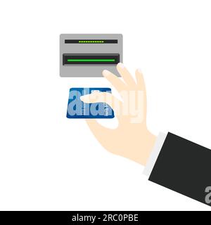 Main poussant la carte de crédit dans la fente du distributeur automatique de billets. Concept de paiement. Retirer de l'argent. Illustration vectorielle dans un style plat tendance isolé sur blanc. Illustration de Vecteur