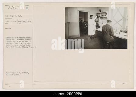 Sgt. Reyden, S.C. photographiant l'intérieur du département bactériologique du Laboratoire médical central de Dijon, France pendant la première Guerre mondiale De gauche à droite, le 1e lieutenant Marcus P. Neal, M.C. ; le sergent G.W. FREIBERG, M.D., H.G. May ; W.C. Boeck. Description photographique numéro 28023. Date de la photo non donnée. Capturé le 31 août 1918. La photo a été publiée après avoir été approuvée par le censeur de l'A.E.F. Notes supplémentaires marquées comme 28028. Banque D'Images