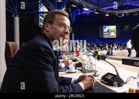 Vilnius, Lituanie. 11 juillet 2023. Le Premier ministre suédois Ulf Kristersson assiste au Sommet de l'OTAN à Vilnius, en Lituanie, le mardi 11 juillet 2023. Photo OTAN/ crédit : UPI/Alamy Live News Banque D'Images