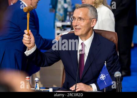 Vilnius, Lituanie. 11 juillet 2023. Le secrétaire général de l’OTAN, Jens Stoltenberg, assiste au sommet de l’OTAN à Vilnius, en Lituanie, le mardi 11 juillet 2023. Photo OTAN/ crédit : UPI/Alamy Live News Banque D'Images