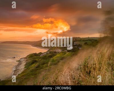 La brise marine reprend lorsque le soleil se couche sur le promontoire côtier du Jurassique à Osmington Mills en regardant vers Weymouth dans le Dorset. Banque D'Images