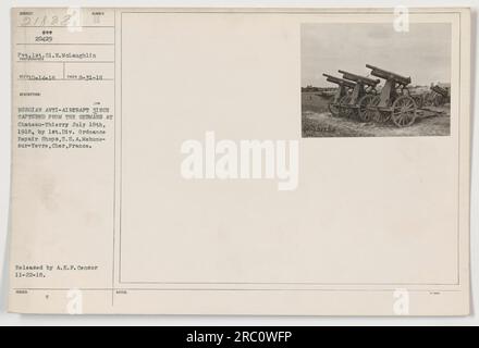 Canon antiaérien russe de 3 pouces capturé aux Allemands à Château-Thierry le 18 juillet 1918, par les ateliers de réparation de munitions de la 1e division de l'armée des États-Unis. Le canon est montré ici à Mehune-sur-Yevre, cher, France. Cette photographie a été prise par le soldat LET, Cl.N.McLaughlin le 31 août 1918. Banque D'Images