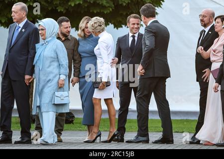 (G-D) le président de Turkiye, Recep Tayyip Erdo?an, son épouse, Emine Erdo?an, présidente de l'Ukraine, Volodymyr Zelenskyy, Olena Zelenska, Brigitte Macron, Président de la République française, Emmanuel Macron, Premier ministre des pays-Bas, Mark Rutte, Charles Michel. La présidente du Conseil européen et Amélie Derbaudrenghien Michel arrivent pour un dîner social lors du sommet de haut niveau de l’OTAN à Vilnius, en Lituanie, le 11 juillet 2023. Le Président de la Lituanie organise le dîner des dirigeants mondiaux au Palais présidentiel. L'ordre du jour du sommet couvre la candidature de l'Ukraine à l'adhésion à l'organisation, le processus d'adhésion de Banque D'Images
