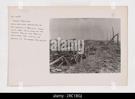 Artillerie lourde allemande laissée sur le champ de bataille en Belgique. Ces canons ont été détruits par des tirs intenses de l'artillerie française et britannique lors de la bataille des Flandres le 28 octobre 1917. Banque D'Images