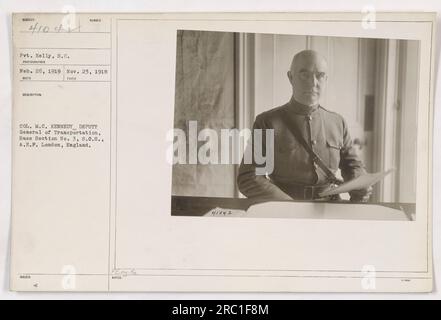 Soldat Kelly, S.C. photographié le 26 février 1919. Photographie prise par photographe le 23 novembre 1918. Reçu et décrit par le colonel M.C. Kennedy, Deputy General of Transportation, base Section No. 3, 8,0.5., A.E.P. à Londres, Angleterre. Publié dans PE.4. KE. Les notes indiquent le numéro de photo 41042. Banque D'Images