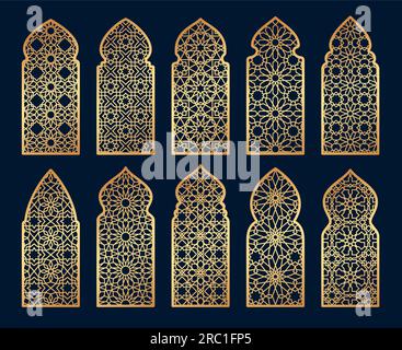 Modèles de fenêtre et de porte de mosquée arabe, formes d'ornement arabesque d'arc doré. Vieux cadres de porte ou de fenêtre arabes avec motif géométrique doré. Mashrabiya, mosquée islamique ou éléments d'architecture de palais Illustration de Vecteur