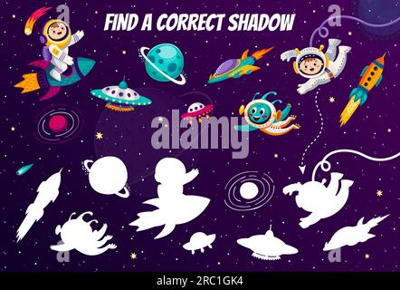 Trouver l'ombre correcte dans l'espace de galaxie, astronaute enfant de dessin animé, OVNI extraterrestre et fusée de vaisseau spatial avec des planètes spatiales, jeu de puzzle vectoriel. Feuille de calcul de match d'ombre avec des fusées de galaxie et des martiens dans le ciel spatial Illustration de Vecteur