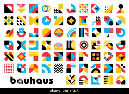 Éléments géométriques abstraits du bauhaus. Vector formes graphiques modernes et ensembles de formes. Couleurs cercles, carrés et triangles, lignes, croix, points et éléments de motif mosaïque bauhaus en zigzag Illustration de Vecteur
