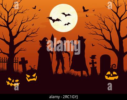 Silhouettes de personnage d'Halloween sur le cimetière de vacances de nuit d'horreur. Citrouilles noires vectorielles et chauves-souris, sorcière effrayante avec balai, momie et vampire, arbres effrayants, pierres tombales sur fond de ciel de pleine lune Illustration de Vecteur