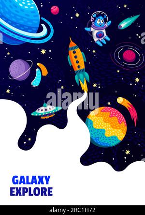 Affiche de l'espace. Extraterrestre de dessin animé, OVNI, vaisseau spatial et planètes spatiales avec fond vectoriel de paysage d'étoiles de galaxie. Mignon personnage d'explorateur de galaxie en combinaison spatiale et casque, science d'astronomie et voyage de cosmos Illustration de Vecteur