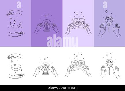 Tatouage mystique avec des mains, lune, cartes de tarot et roses. Vecteur ligne mince Boho symboles de boules de cristal magique, étoiles, croissants, fleurs et yeux ésotériques. Objets spirituels de l'alchimie et de l'astrologie Illustration de Vecteur