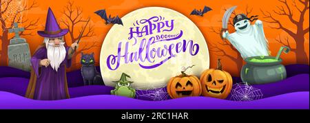 Bannière de papier coupé Halloween avec assistant de dessin animé, fantôme et citrouilles. Cartes de voeux vectorielles avec des couches 3d, sorcier avec barbe blanche tenir baguette magique, chaudron avec potion verte, tombe et sorcière crapaud Illustration de Vecteur