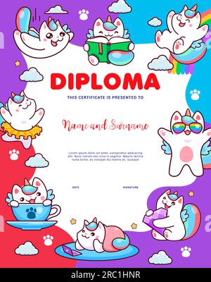 Diplôme d'enfants avec des chats mignons de catacorne de dessin animé et des personnages de chaton, certificat d'éducation vectorielle. Licornes gaies de chat dans des lunettes de soleil arc-en-ciel ou ballerine de caticorne sur le diplôme d'école ou de maternelle Illustration de Vecteur