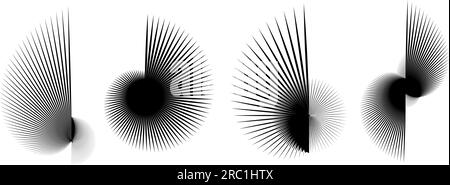 Jeu d'éléments abstraits à pointes. Collection d'objets radiaux en forme de rayons spiraux. Fines formes de demi-cercle d'épine et paquet angulaire de soleil pour affiches, collages, décoration. Pack futuriste Vector Illustration de Vecteur