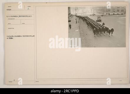 Marins de l'Université Columbia participant à une randonnée pendant la première Guerre mondiale. La photographie, numérotée 46695, a été prise par un photographe de M.Y. La description émise indique que l'image montre des marins de l'Université Columbia en randonnée. Aucun détail significatif autre que le nombre, 46695, et le fait qu'il y avait 90 marins présents n'est mentionné. Banque D'Images