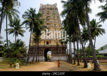 Tour Gopuram d'Arulmigu Vedagiriswarar Temple, temple kanni rashi à Thirukazhukundram Tirukalukundram près de Mahabalipuram, Tamil Nadu, Inde du Sud Banque D'Images