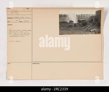 Le capitaine Henricks de l'armée française donne des instructions aux soldats de la 165e 42 division d'infanterie sur la technique appropriée pour tenir et lancer des grenades réelles depuis un abri caché à Chanoy, en France. Photographie prise le 7 février 1918 par les États-Unis Corps des signaux de l'armée. Banque D'Images