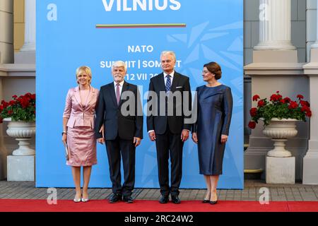 Vilnius, Lituanie. 11 juillet 2023. Président de la Lituanie, Gitanas Naus?da et son épouse Diana Naus?dien? Bienvenue au président de la République tchèque, Petr Pavel, et à son épouse, Eva Pavlová, à leur arrivée pour un dîner social pendant le sommet de haut niveau de l'OTAN. Le Président de la Lituanie organise le dîner des dirigeants mondiaux au Palais présidentiel. L'ordre du jour du sommet couvre la candidature de l'Ukraine à l'adhésion à l'organisation, le processus d'adhésion de la Suède, l'augmentation des stocks d'armes et la révision des plans. Crédit : SOPA Images Limited/Alamy Live News Banque D'Images