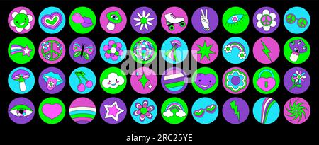 Ensemble de 70s autocollants pour le cercle hippie groovy. Dessin animé drôle couleurs fluo vives - fleur, amour, arc-en-ciel, paix, coeur, marguerite, champignon, œil. Pack psychédélique Illustration de Vecteur