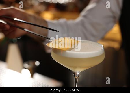 Barman préparant un cocktail alcoolisé frais au bar, gros plan Banque D'Images