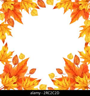 cadre carré aquarelle avec feuilles d'automne, feuilles d'érable orange, illustration dessinée à la main de feuilles d'automne jaunes et oranges, croquis isolé sur blanc Banque D'Images