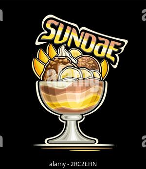 Logo Vector pour Sundae, affiche décorative avec crème glacée sundae design dessin animé avec des tranches de banane et de mangue, crème glacée twist garnie de confiture en couches, d Illustration de Vecteur