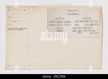 Diagramme du département médical montrant la répartition du personnel aux États-Unis et en France pendant la première Guerre mondiale. Le tableau comprend des informations sur les hôpitaux de base, les centres hospitaliers, les instructeurs, les chirurgiens généraux, la reconstruction-rééducation, et divers autres départements et postes. Le graphique mentionne également les services fournis aux États-Unis et à l'étranger, comme la formation professionnelle et le placement du personnel militaire. Banque D'Images