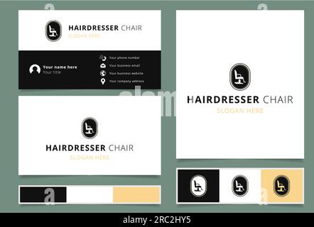 Conception de logo de chaise de coiffeur avec slogan modifiable. Livre de marque et modèle de carte de visite. Illustration de Vecteur