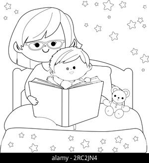 Famille lisant un livre au lit. Page de coloriage en noir et blanc vectoriel. Illustration de Vecteur