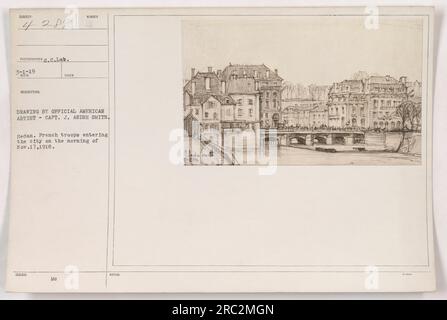 Les troupes françaises entrent dans la ville de Sedan le matin du 17 novembre 1918. Légende basée sur un dessin officiel de l'artiste américain Capt J. Andre Smith. Cette image provient de la collection de photographies illustrant les activités militaires américaines pendant la première Guerre mondiale. Banque D'Images