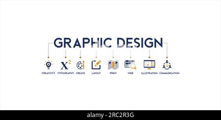 Bannière concept de design graphique mots-clés anglais illustration vectorielle avec l'icône de la créativité, typographie, créer, mise en page, imprimer, web, illustration Illustration de Vecteur