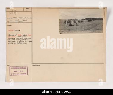 Un peloton de soldats de la 165e infanterie, 42e division, est vu à Chanoy, en France, transportant des soldats de 1 livres vers leur position de tir. Ils sont supervisés par le major Reitzel et un groupe d'officiers français qui agissent comme instructeurs. La photographie a été prise le 8 février 1918, et a été publiée par la Division War College le 14 mars 1913. Banque D'Images