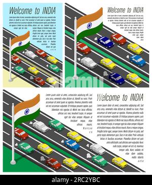 Drapeau isométrique de l'Indien sur mât battant dans le vent. Traversée de la frontière du pays de l'Inde en voiture voyages. Ensemble d'informations horizontal, carré et ve Illustration de Vecteur