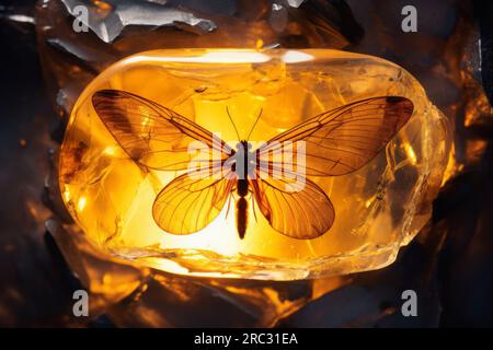 Ambre Baltique avec insecte piégé. Animal conservé dans un morceau d'ambre. Macrophotographie de pierres précieuses. Résine d'arbre fossilisée. Beauté naturelle Banque D'Images