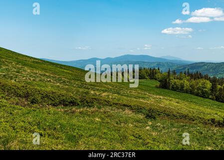 Hala Rycerzowa avec Pilsko et Babia hora collines sur le fond dans les montagnes Beskid Zywiecki en Pologne pendant la belle journée de printemps Banque D'Images