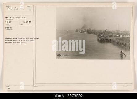 Cette photographie montre une vue générale des quais américains sur la Gironde à Bassens, Gironde, France. La photo a été prise le 25 décembre 1918. L'image a été prise par le photographe F.T. Morris et fait partie du sujet 52924. La photo a été reçue le 8 avril 1919, et est étiquetée 3483-F9. Banque D'Images