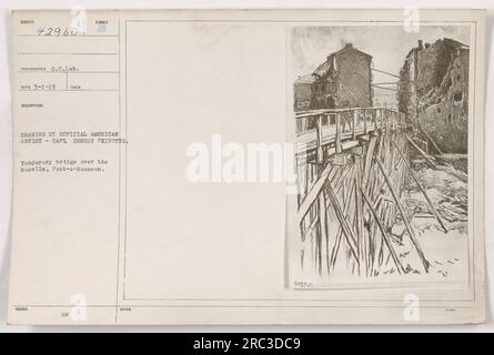 Photographie représentant un pont temporaire sur la Moselle à Pont-à-Mousson pendant la première Guerre mondiale, capturé par le capitaine Ernest Peixotto. L'image est un dessin de l'artiste américain officiel et a été prise à une date non divulguée. Banque D'Images