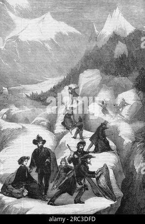 tourisme, touristes, groupe traversant la Mer de glace, France, gravure sur bois, circa 1850, COPYRIGHT D'ARTISTE N'EST PAS A EFFACER Banque D'Images