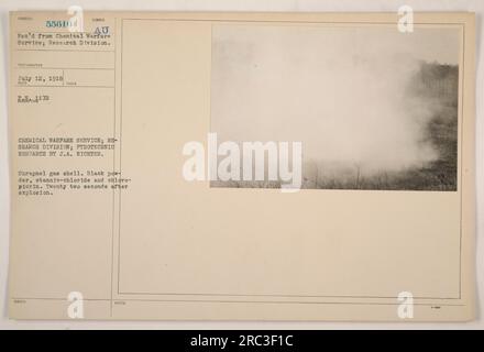 Image montrant une coquille de gaz shrapnel, contenant de la poudre noire, du chlorure stannique et de la chloropicrine, 22 secondes après l'explosion. La photographie a été prise par J. A. Richter, de la Division de la recherche du Chemical Warfare Service, et reçue le 12 juillet 1918. Le numéro du sujet est 55610 au. Banque D'Images