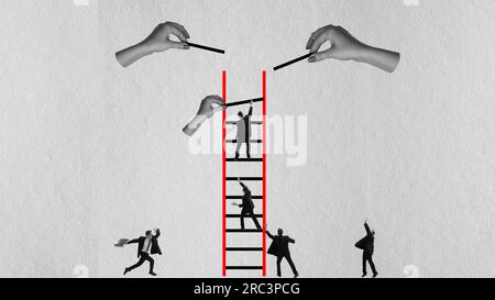 Collage d'art contemporain. Défis professionnels. Employé ambitieux. homme montant les escaliers, atteignant le succès Banque D'Images
