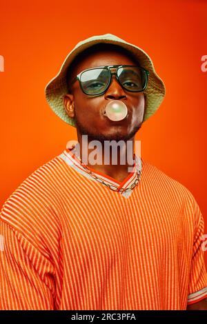 Portrait d'un jeune homme afro-américain à la mode dans des lunettes de soleil et chapeau panama soufflant du bubble gum et regardant la caméra tout en se tenant isolé sur rouge, ma Banque D'Images