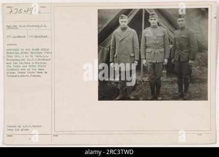 Officiers du 314e hôpital de campagne, 304e train sanitaire, 79e division, photographiés à Meuse, France. De gauche à droite : Capitaine J.A. Buchanan, 1e lieutenant J.C. Woodland, et le 1e lieutenant Tate B. Collins. La photo a été prise le 17 octobre 1918. Les 314e et 315e hôpitaux de campagne sont situés dans le même voisinage, près de notre Dame de Palameix. L'image a été approuvée par le censeur de l'A.E.F. Banque D'Images