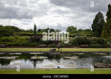 Un jardinier tond la pelouse entourant l'étang de nénuphars, Jellicoe Canal, dans le domaine de RHS Wisley, Surrey, Angleterre, Royaume-Uni Banque D'Images