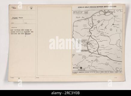 Les forces allemandes et britanniques s'engagent dans de violents combats dans les environs d'Albert. Cette carte montre la scène de la grande lutte menée entre les deux armées pendant la première Guerre mondiale. Les lignes de bataille s'étendent de la mer du Nord aux environs de Dunkerque. Banque D'Images