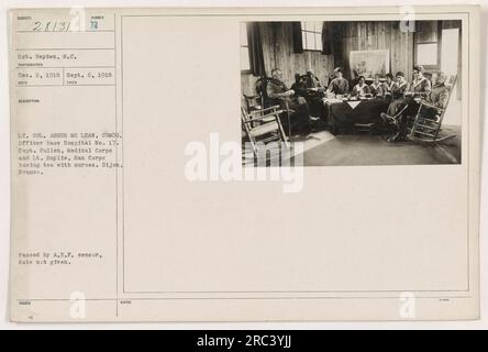 Légende de l'image : « l'officier lieutenant-colonel Angus McLean, commandant l'hôpital de la base n° 17, avec le capitaine Cullen du corps médical et le lieutenant Smylie du San corps, vus prendre le thé avec des infirmières à Dijon, en France pendant la première Guerre mondiale. Photographie prise le 6 septembre 1918.' Banque D'Images