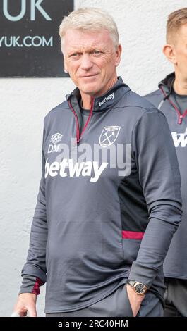 Borehamwood, Hertfordshire, Londres, Angleterre, 10 juillet 2023. David Moyes, Manager de West Ham, sourit tout avant le coup d'envoi, lors du Borehamwood football Club V West Ham United football club, dans une pré-saison amicale, à Meadow Park. (Image de crédit : ©Cody Froggatt/Alamy Live News) Banque D'Images