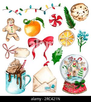 Ensemble d'éléments pour Noël. Cadeaux, cupcake, gâteau, biscuits, branches de sapin. Illustration à l'aquarelle dessinée à la main. Vacances d'hiver. Banque D'Images